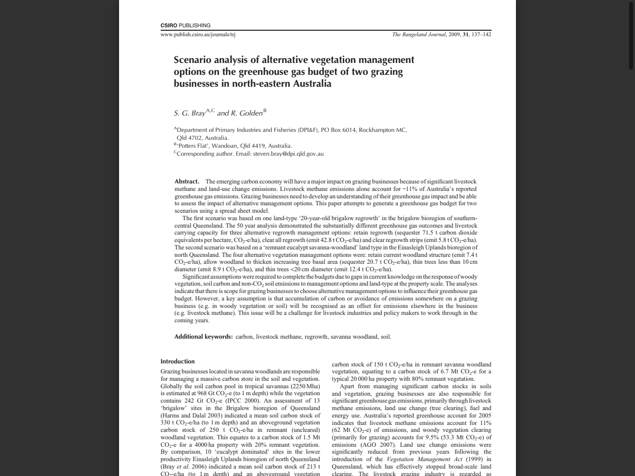 Preview of Scenario analysis of alternative vegetation management options on the greenhouse gas budget of two grazing businesses in north-eastern Australia (citing Bray, S.G., Golden, M., and Scanlan, J.C. (2006) Carbon stocks and sequestration potential in woodlands. Final Report for the Australian Greenhouse Office, Queensland Department of Natural Resources and Mines, Brisbane)