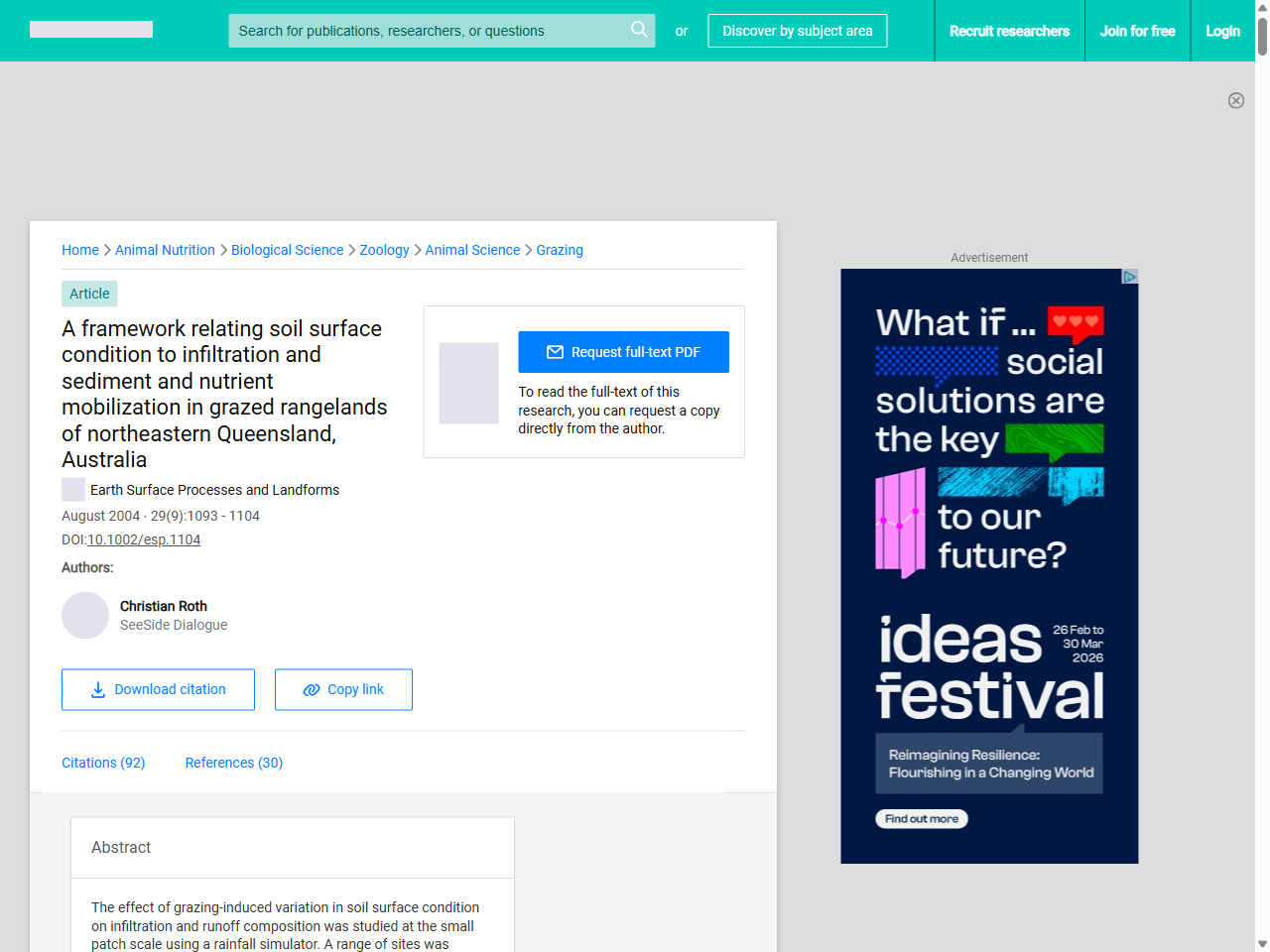 Preview of A framework relating soil surface condition to infiltration and sediment and nutrient mobilization in grazed rangelands of northeastern Queensland, Australia | Request PDF - ResearchGate