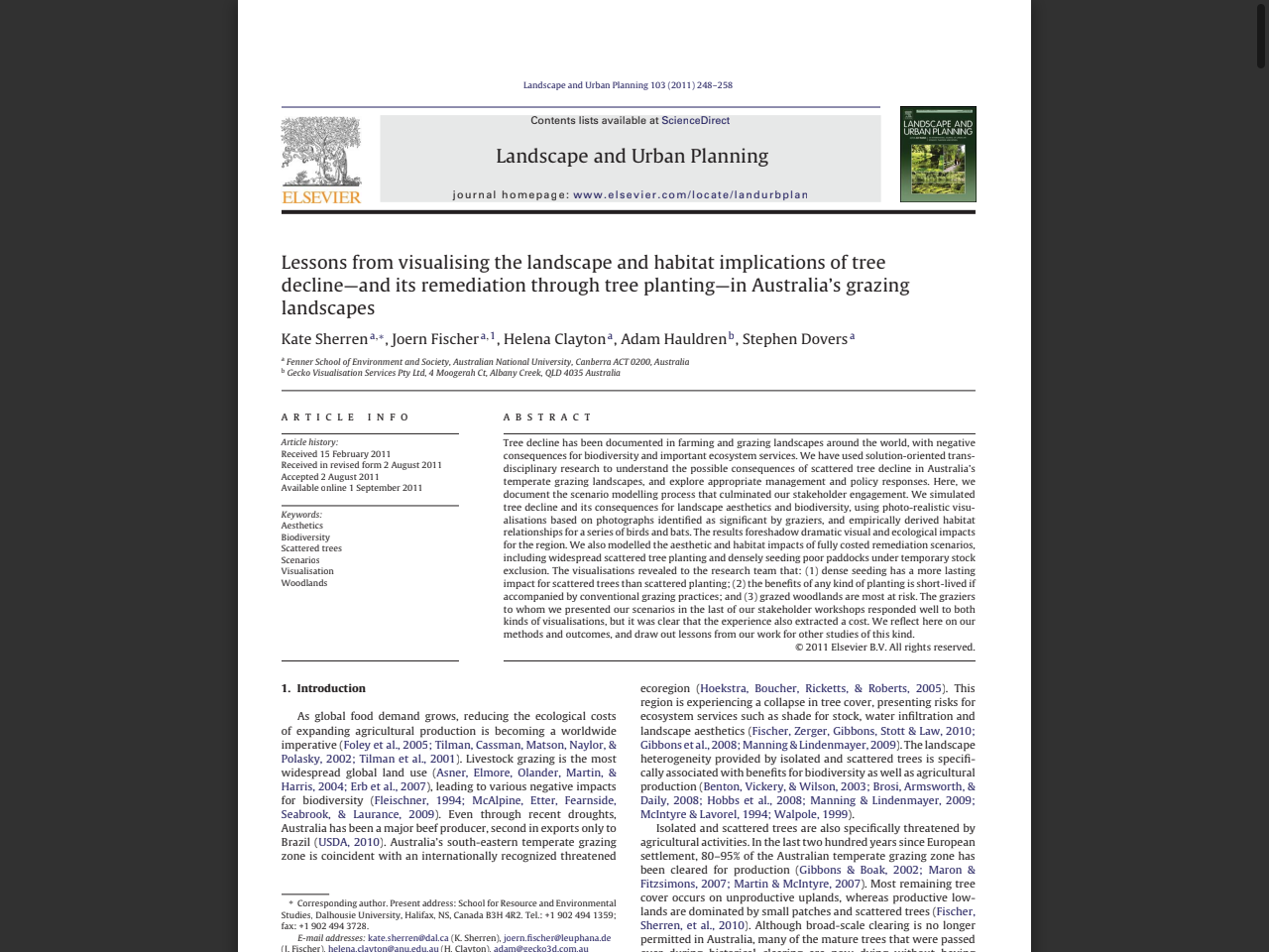 Preview of Sherren, K., et al. (2011). Lessons from visualising the future of ecosystem services in grazed woodlands. Landscape Journal, 30(2), 229-244.