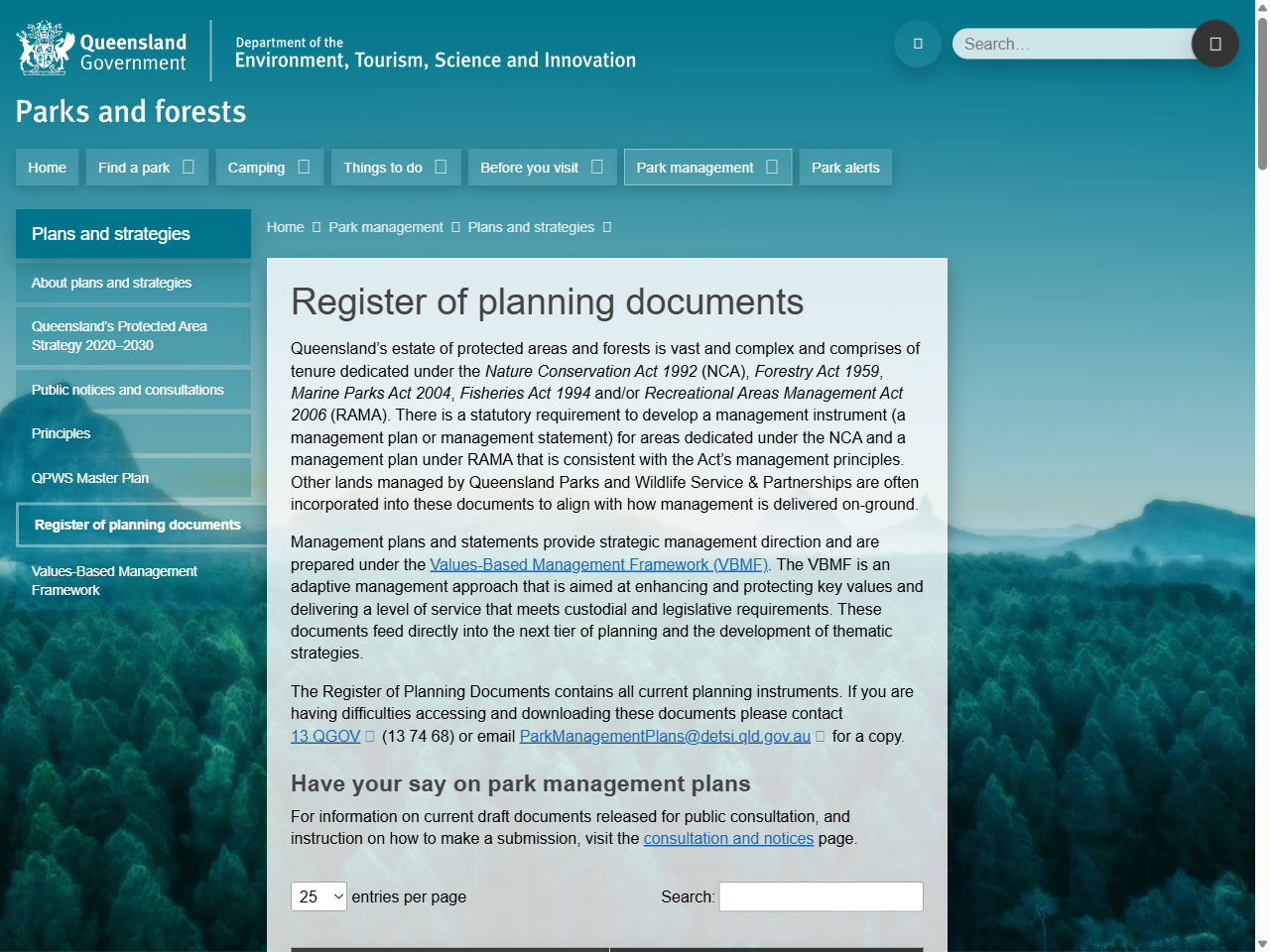 Preview of Register of planning documents | Parks and forests, accessed July 22, 2025,