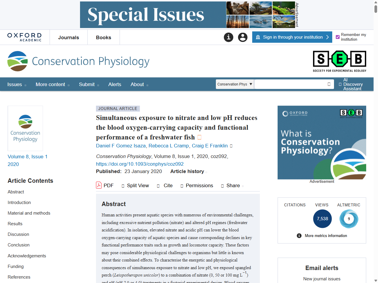 Preview of Simultaneous exposure to nitrate and low pH reduces the blood oxygen-carrying capacity and functional performance of a freshwater fish | Conservation Physiology | Oxford Academic, accessed May 20, 2025,