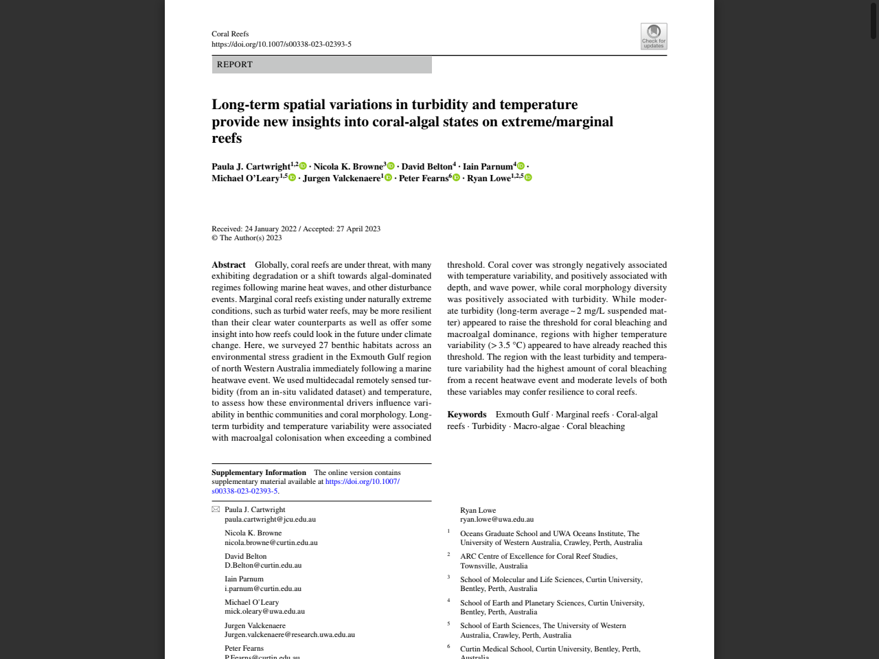 Preview of Long-term spatial variations in turbidity and temperature provide new insights into coral-algal states on extreme/marginal reefs - ResearchOnline@JCU, accessed August 2, 2025,