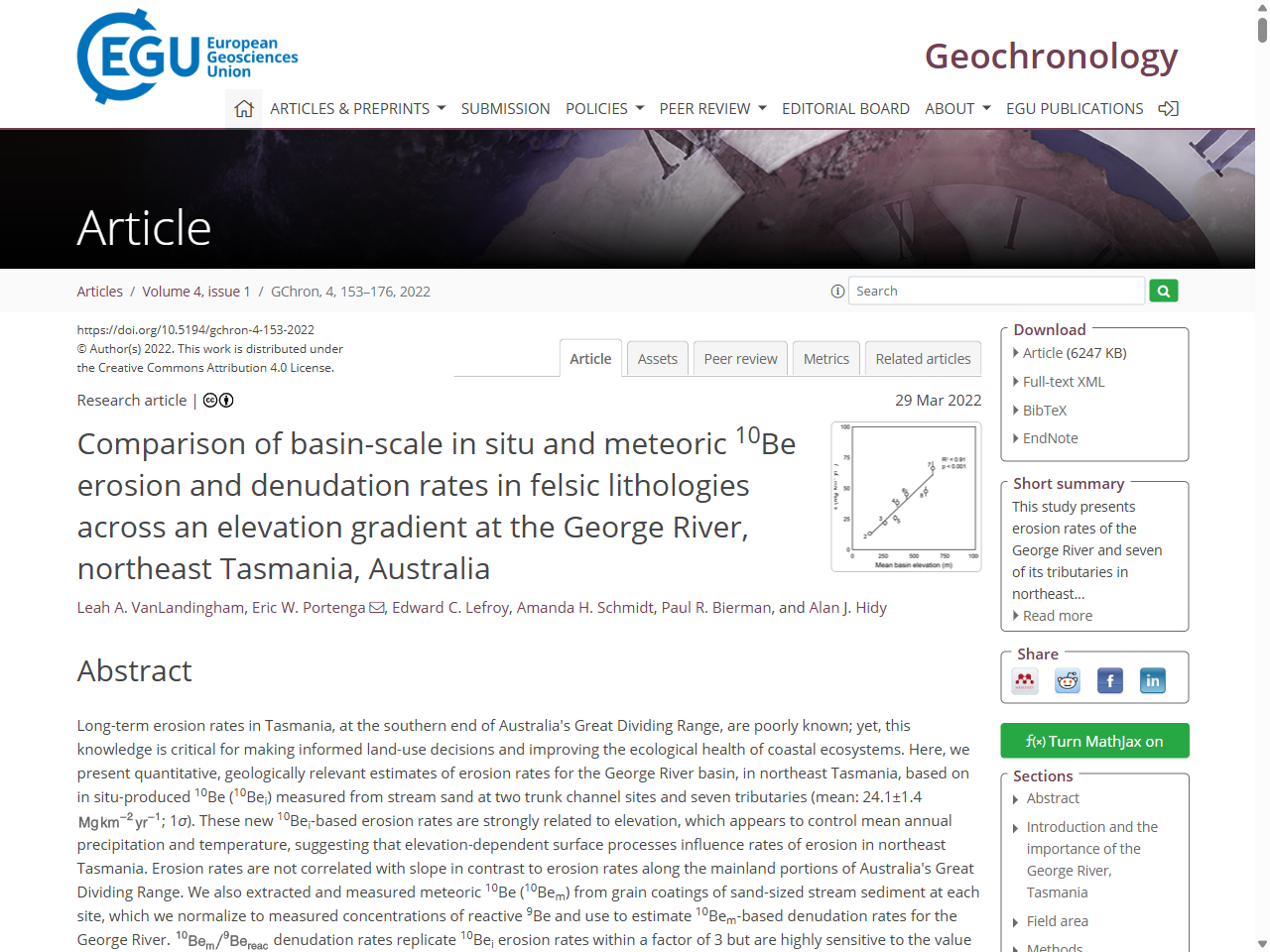 Preview of Comparison of basin-scale in situ and meteoric 10Be erosion and denudation rates in felsic lithologies across an - GChron, accessed March 28, 2026,