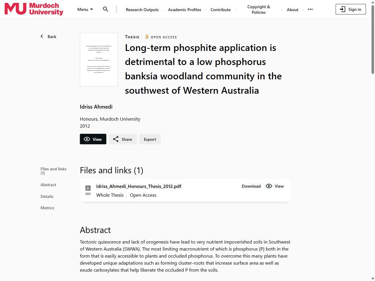 Preview of Long-term phosphite application is detrimental to a low phosphorus banksia woodland community in the southwest of Western Australia - Murdoch University