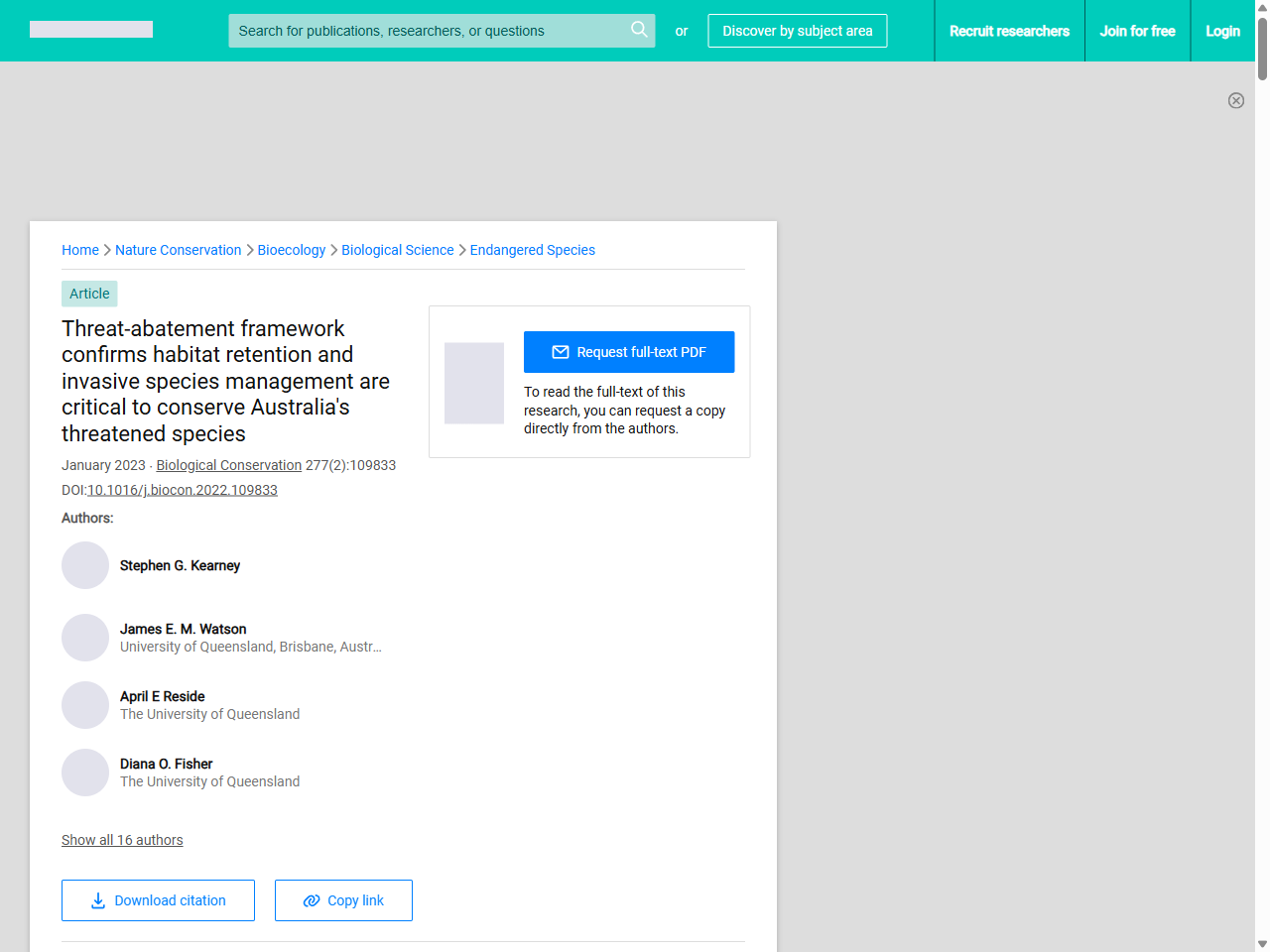 Preview of Threat-abatement framework confirms habitat retention and invasive species management are critical to conserve Australia's threatened species | Request PDF - ResearchGate