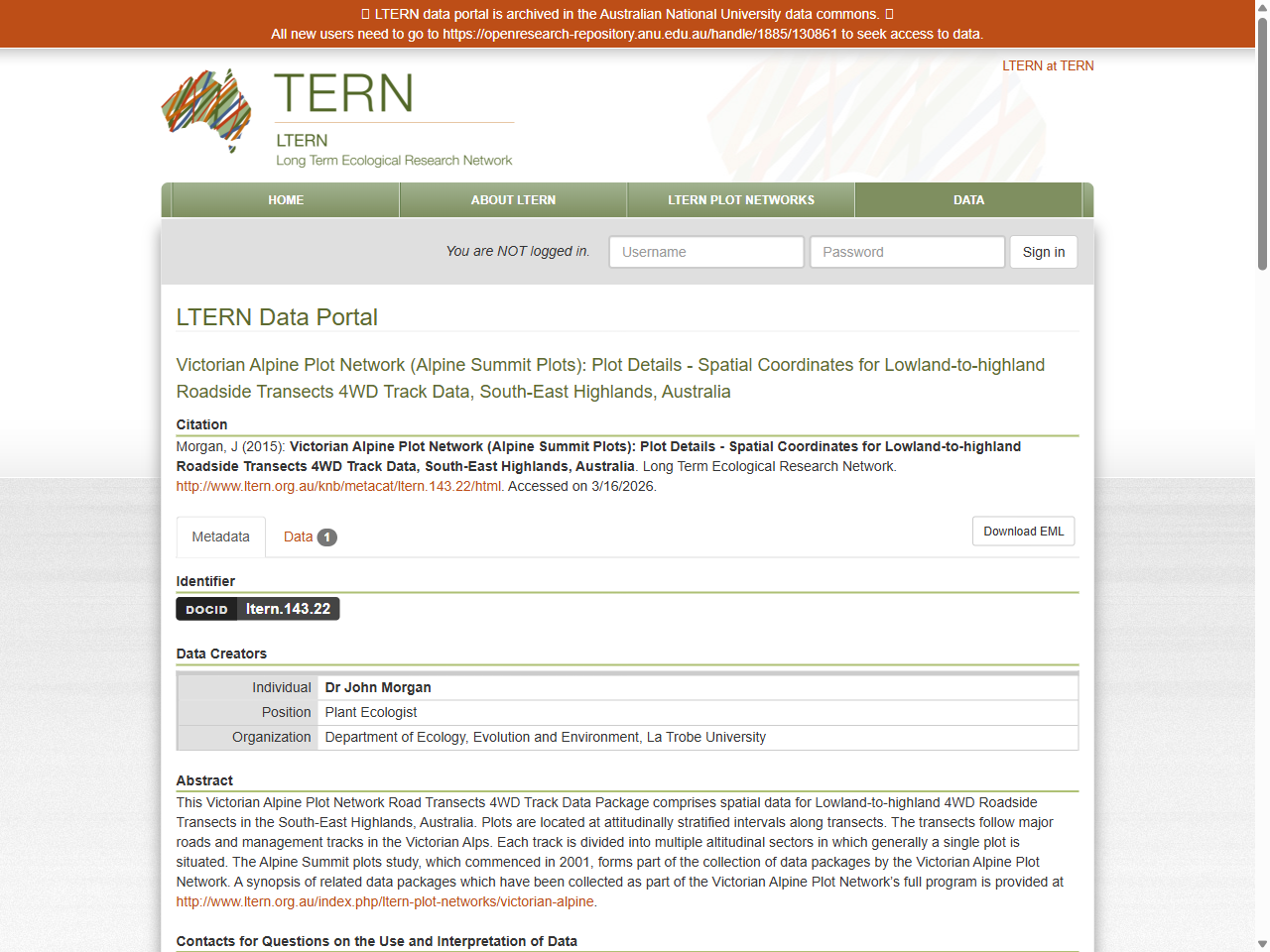 Preview of LTERN Data Portal - Victorian Alpine Plot Network (Alpine Summit Plots): Plot Details - Spatial Coordinates for Lowland-to-highland Roadside Transects 4WD Track Data, South-East Highlands, Australia, accessed on June 5, 2025