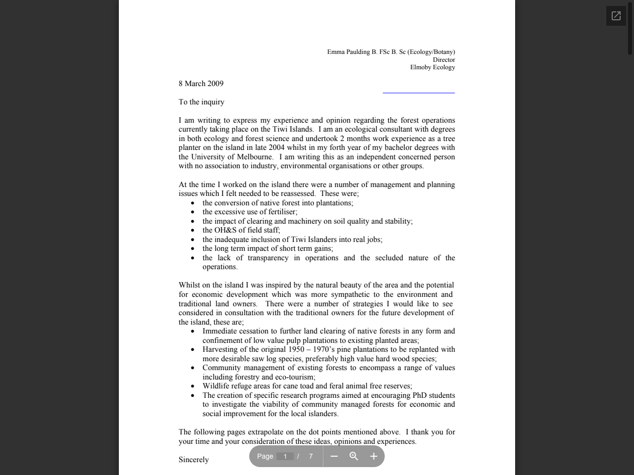 Preview of 8 March 2009 To the inquiry I am writing to express my experience and opinion regarding the forest operations currently taking p, accessed July 30, 2025,