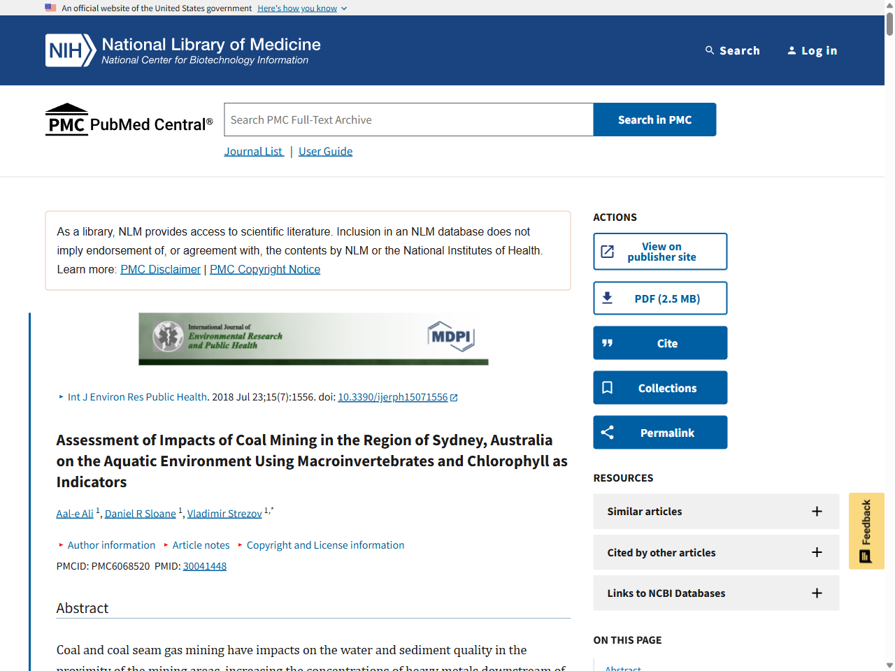 Preview of Assessment of Impacts of Coal Mining in the Region of Sydney, Australia on the Aquatic Environment Using Macroinvertebrates and Chlorophyll as Indicators, accessed August 17, 2025,