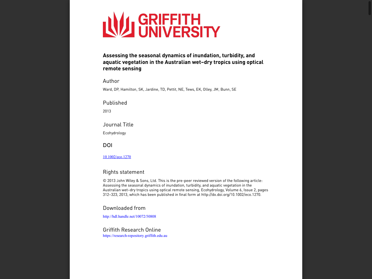 Preview of Assessing the seasonal dynamics of inundation, turbidity, and aquatic vegetation in the Australian wet–dry tropics - Griffith Research Online