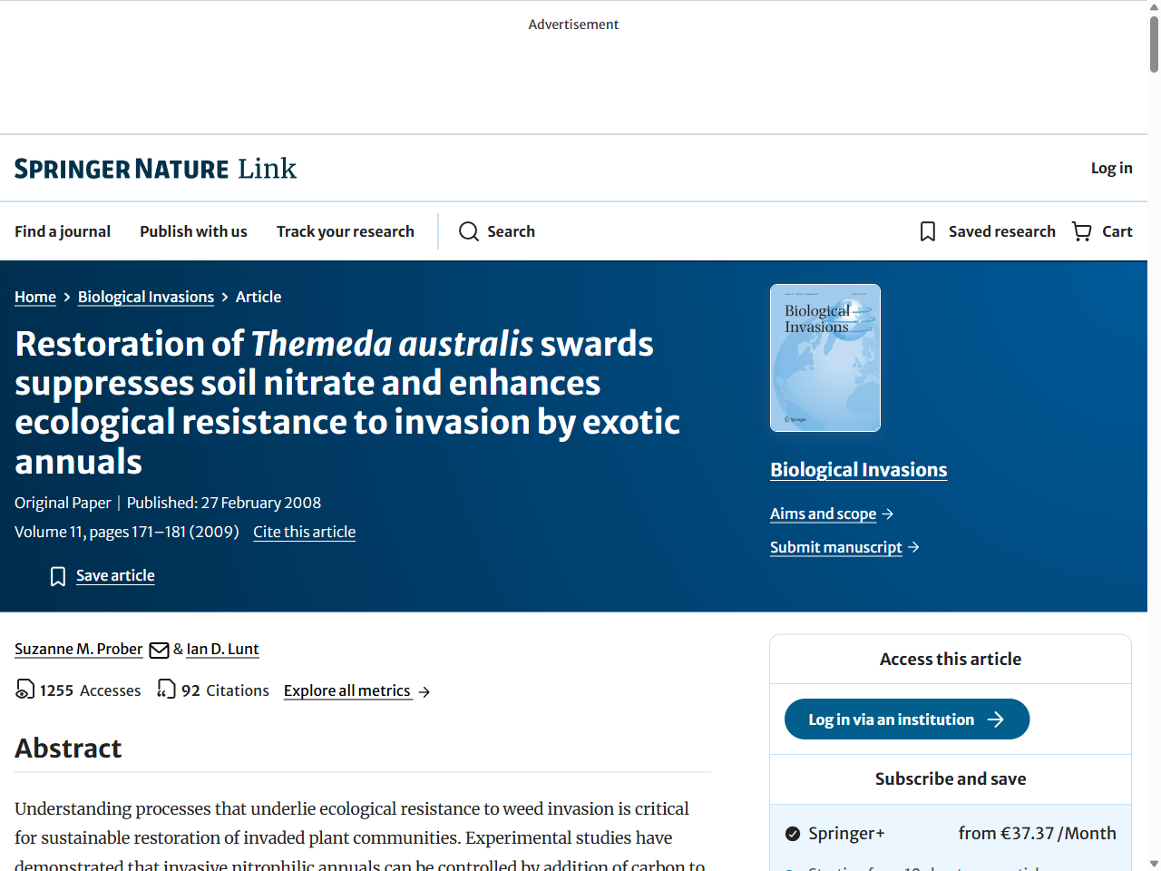 Preview of Prober, S. M., & Lunt, I. D. (2009). Restoration of Themeda australis Swards Suppresses Soil Nitrate and Enhances Ecological Resistance to Invasion by Exotic Annuals. Biological Invasions, 11(2), 171–181.