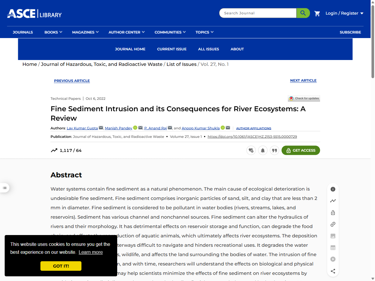 Preview of Fine Sediment Intrusion and its Consequences for River Ecosystems: A Review | Journal of Hazardous, Toxic, and Radioactive Waste | Vol 27, No 1 - ASCE Library, accessed July 16, 2025,