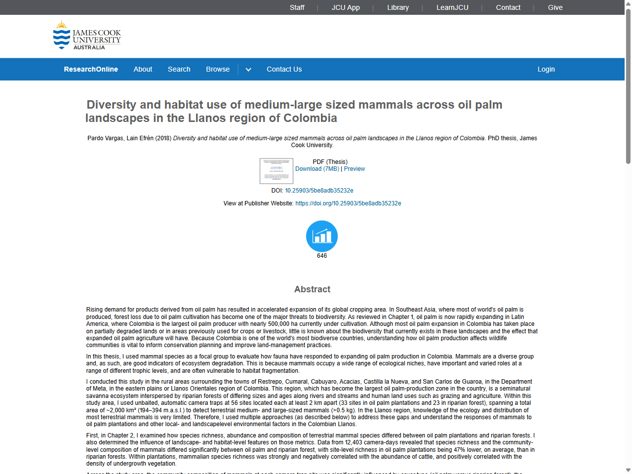 Preview of Diversity and habitat use of medium-large sized mammals across oil palm landscapes in the Llanos region of Colombia - ResearchOnline@JCU