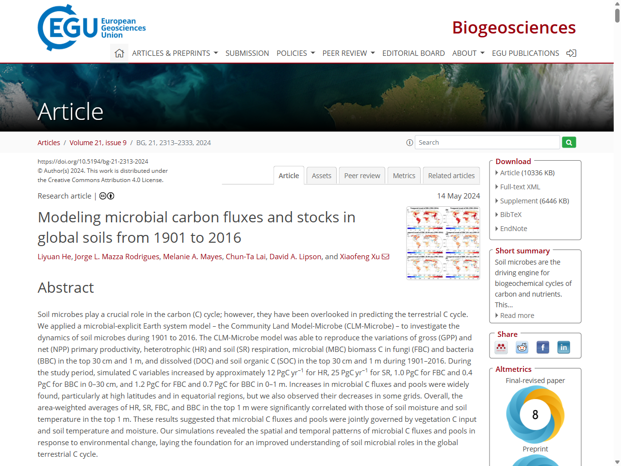 Preview of Modeling microbial carbon fluxes and stocks in global soils from 1901 to 2016 - BG, accessed on June 5, 2025
