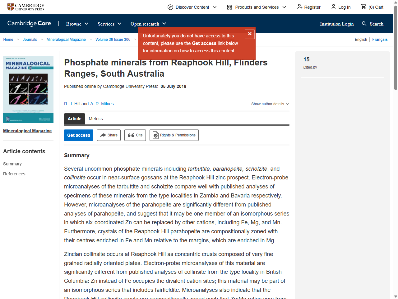 Preview of Phosphate minerals from Reaphook Hill, Flinders Ranges, South Australia | Mineralogical Magazine | Cambridge Core, accessed August 1, 2025