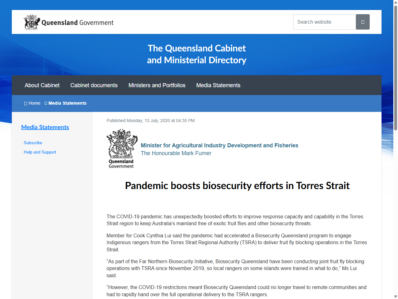 Preview of Pandemic boosts biosecurity efforts in Torres Strait - Ministerial Media Statements, accessed August 2, 2025