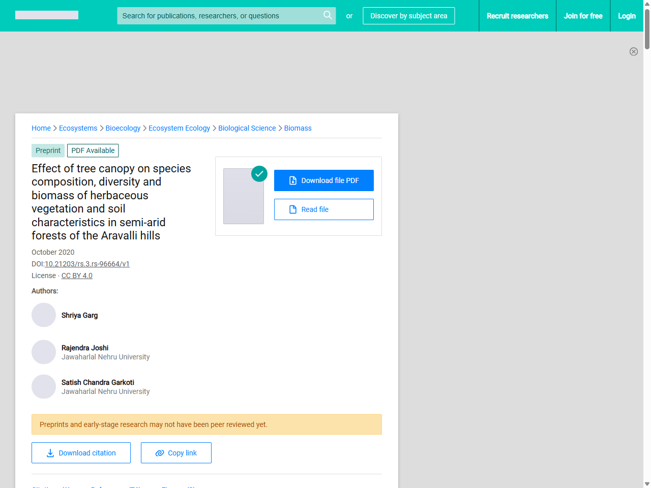 Preview of (PDF) Effect of tree canopy on species composition, diversity and biomass of herbaceous vegetation and soil characteristics in semi-arid forests of the Aravalli hills - ResearchGate, accessed August 12, 2025, 