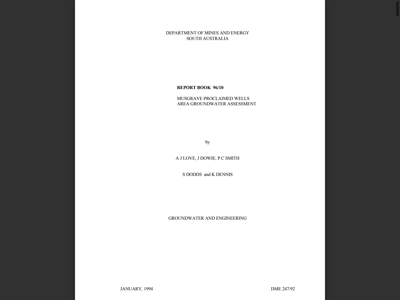 Preview of DEPARTMENT OF MINES AND ENERGY SOUTH AUSTRALIA REPORT BOOK 96/10 MUSGRAVE PROCLAIMED WELLS AREA GROUNDWATER ASSESSMENT by A J L - NET