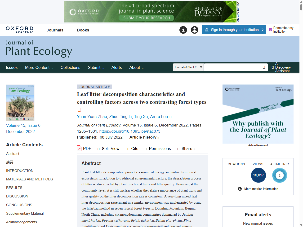 Preview of Leaf litter decomposition characteristics and controlling factors across two contrasting forest types | Journal of Plant Ecology | Oxford Academic, accessed August 11, 2025, 
