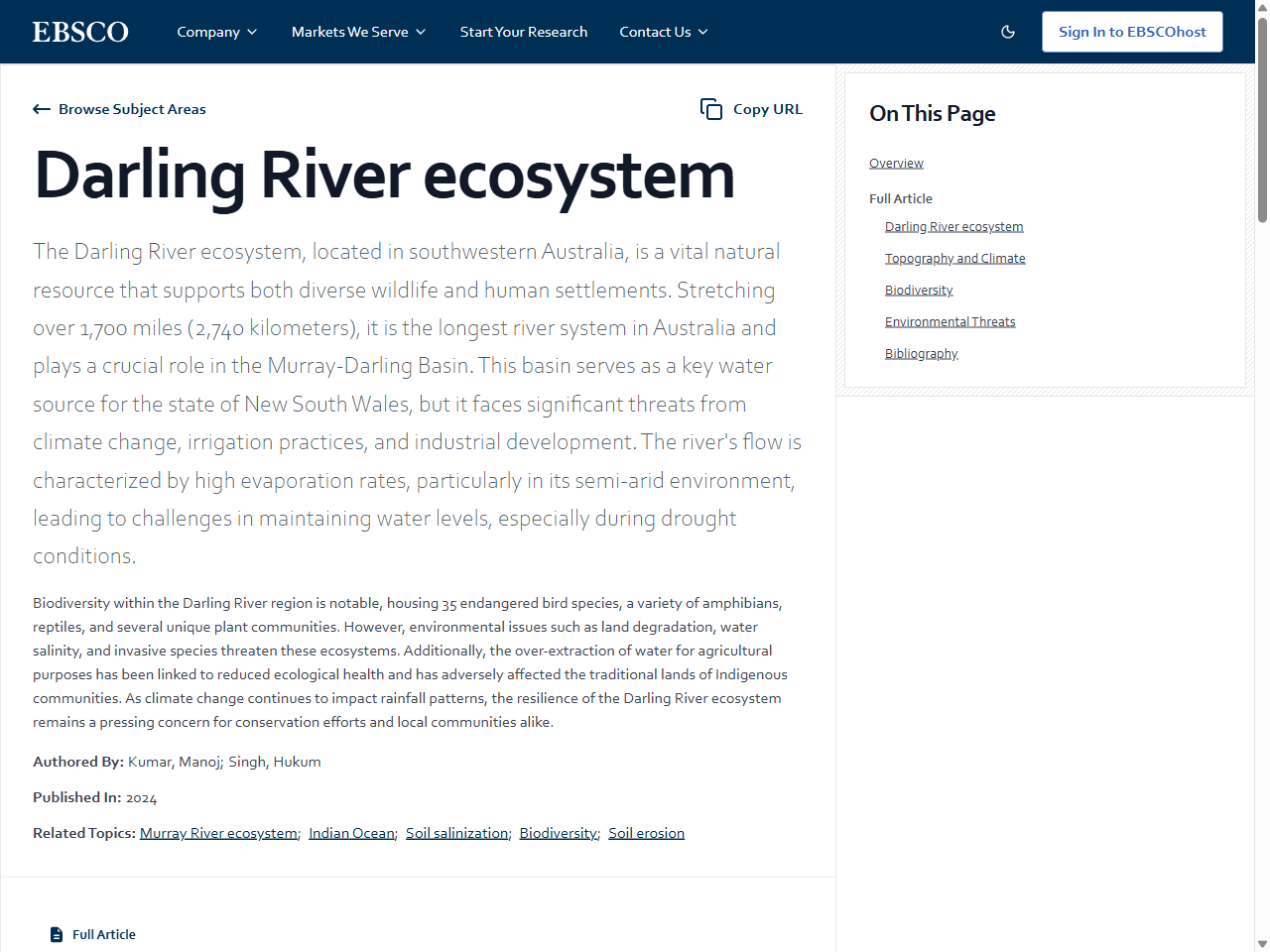 Preview of Darling River ecosystem | EBSCO Research Starters