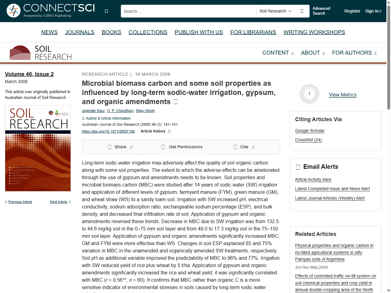 Preview of Microbial biomass carbon and some soil properties as influenced by long-term sodic-water irrigation, gypsum, and organic amendments - CSIRO Publishing