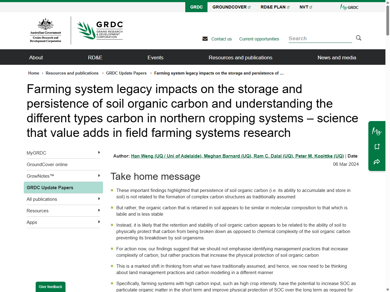 Preview of Farming system legacy impacts on the storage and persistence of soil organic carbon and understanding the different types carbon in northern cropping systems – science that value adds in field farming systems research - GRDC