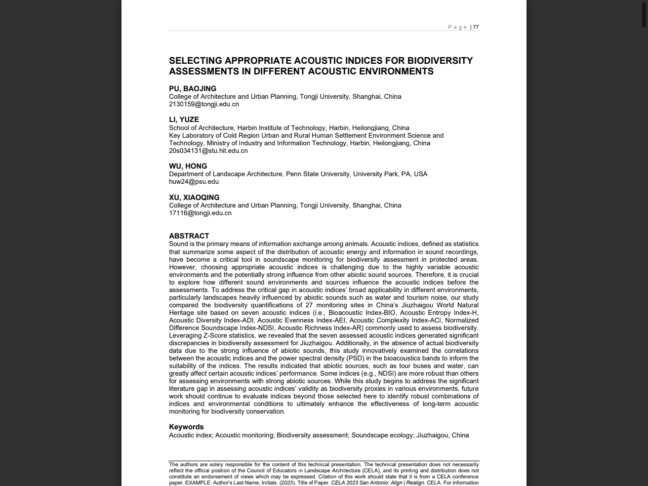 Preview of SELECTING APPROPRIATE ACOUSTIC INDICES FOR BIODIVERSITY ASSESSMENTS IN DIFFERENT ACOUSTIC ENVIRONMENTS, accessed July 12, 2025, 