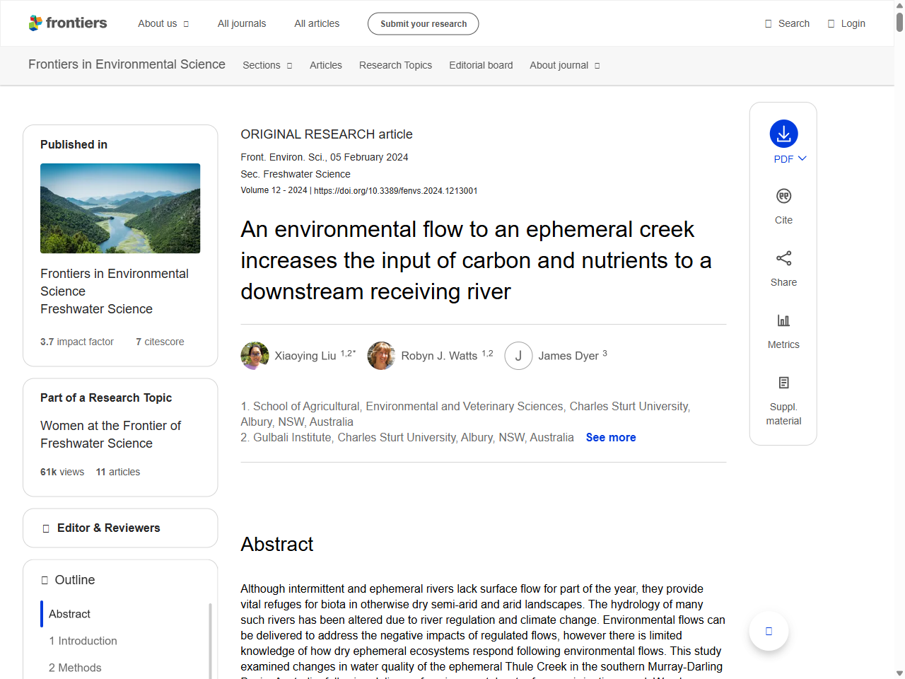 Preview of An environmental flow to an ephemeral creek increases the input of carbon and nutrients to a downstream receiving river - Frontiers, accessed July 20, 2025