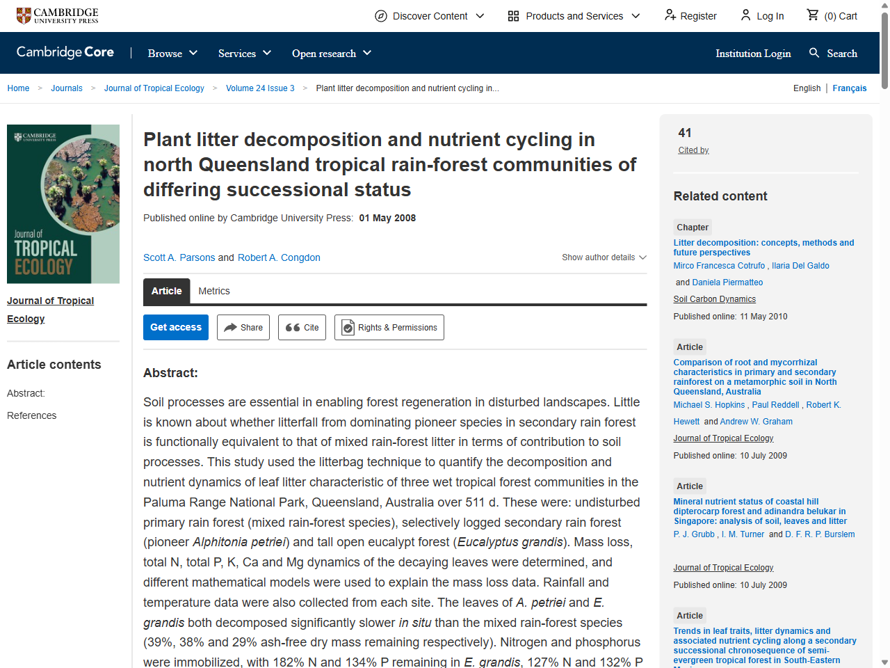 Preview of Rain forest nutrient cycling and productivity in response to large-scale litter manipulation - Organization for Tropical Studies