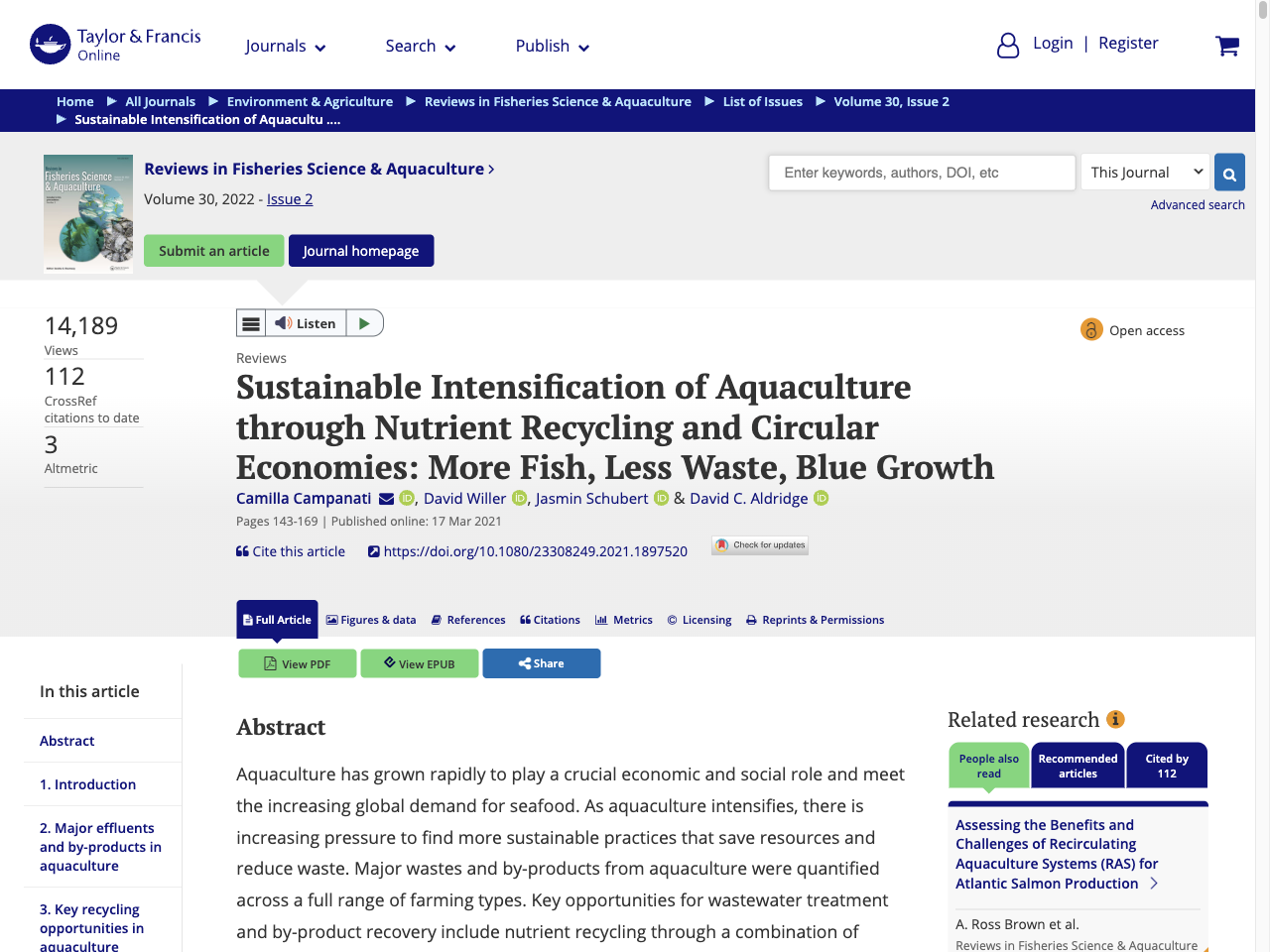 Preview of Full article: Sustainable Intensification of Aquaculture through Nutrient Recycling and Circular Economies: More Fish, Less Waste, Blue Growth - Taylor & Francis Online, accessed August 1, 2025