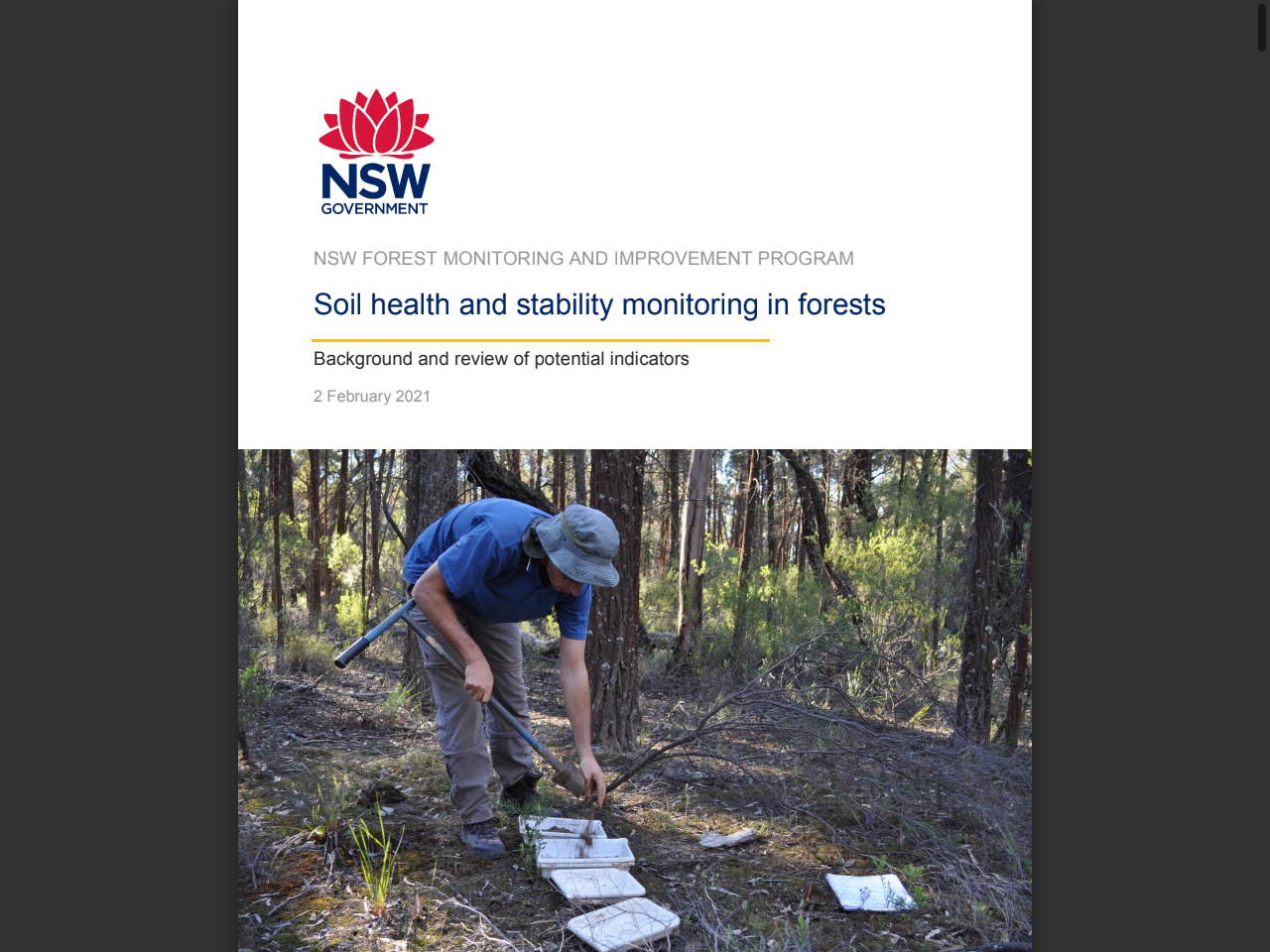 Preview of NSW Department of Planning, Industry and Environment. (2021). Soil health and stability monitoring in forests: Background and review of potential indicators.