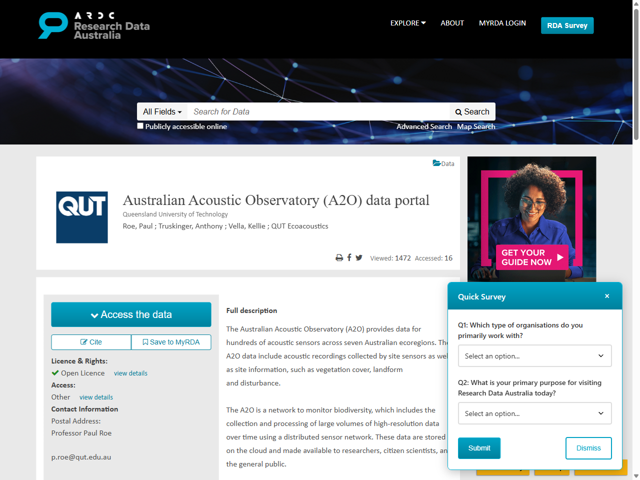 Preview of Australian Acoustic Observatory (A2O) data portal - Research Data Australia, accessed July 22, 2025,