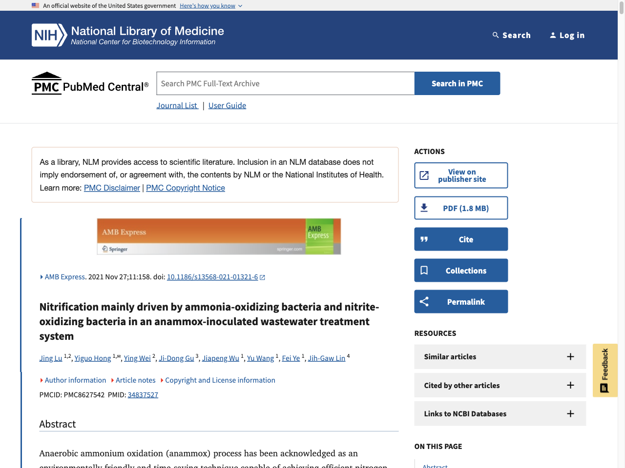 Preview of Nitrification mainly driven by ammonia-oxidizing bacteria and nitrite-oxidizing bacteria in an anammox-inoculated wastewater treatment system, accessed August 1, 2025