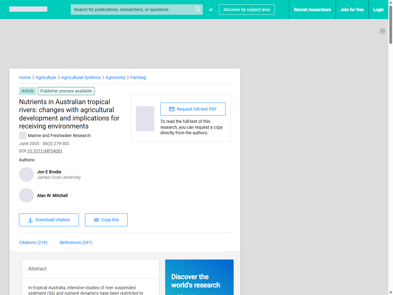 Preview of Nutrients in Australian tropical rivers: changes with agricultural development and implications for receiving environments | Request PDF - ResearchGate, accessed July 20, 2025, 