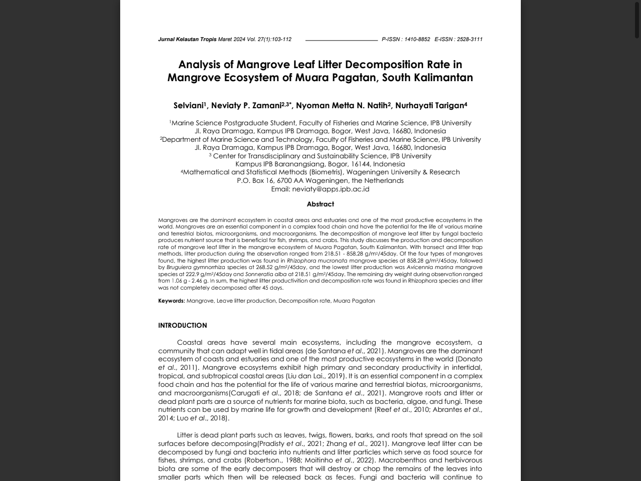 Preview of Analysis of Mangrove Leaf Litter Decomposition Rate in Mangrove Ecosystem of Muara Pagatan, South Kalimantan - E Journal Undip, accessed July 13, 2025