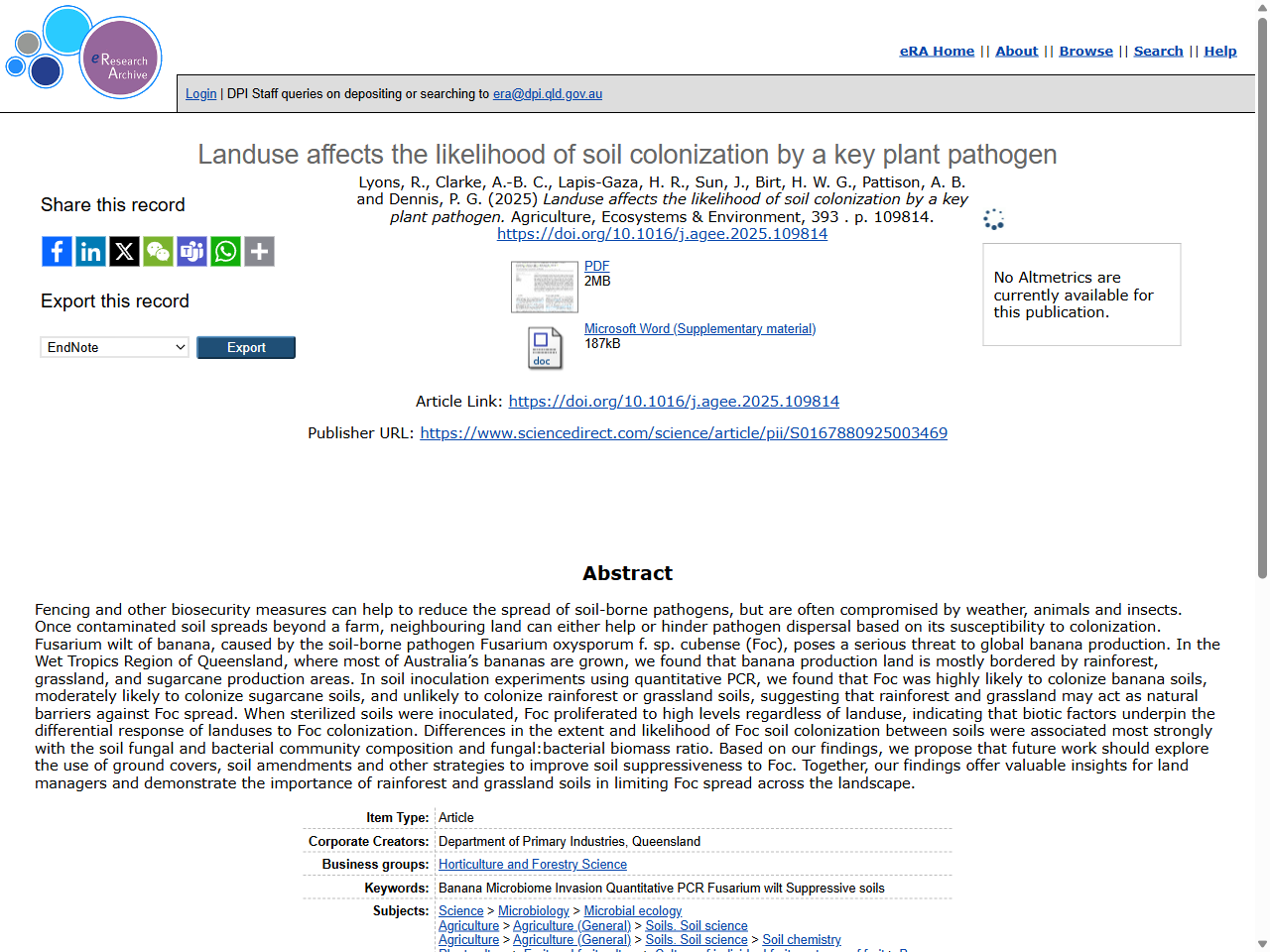 Preview of Landuse affects the likelihood of soil colonization by a key plant pathogen - DPI eResearch Archive (eRA), accessed July 18, 2025