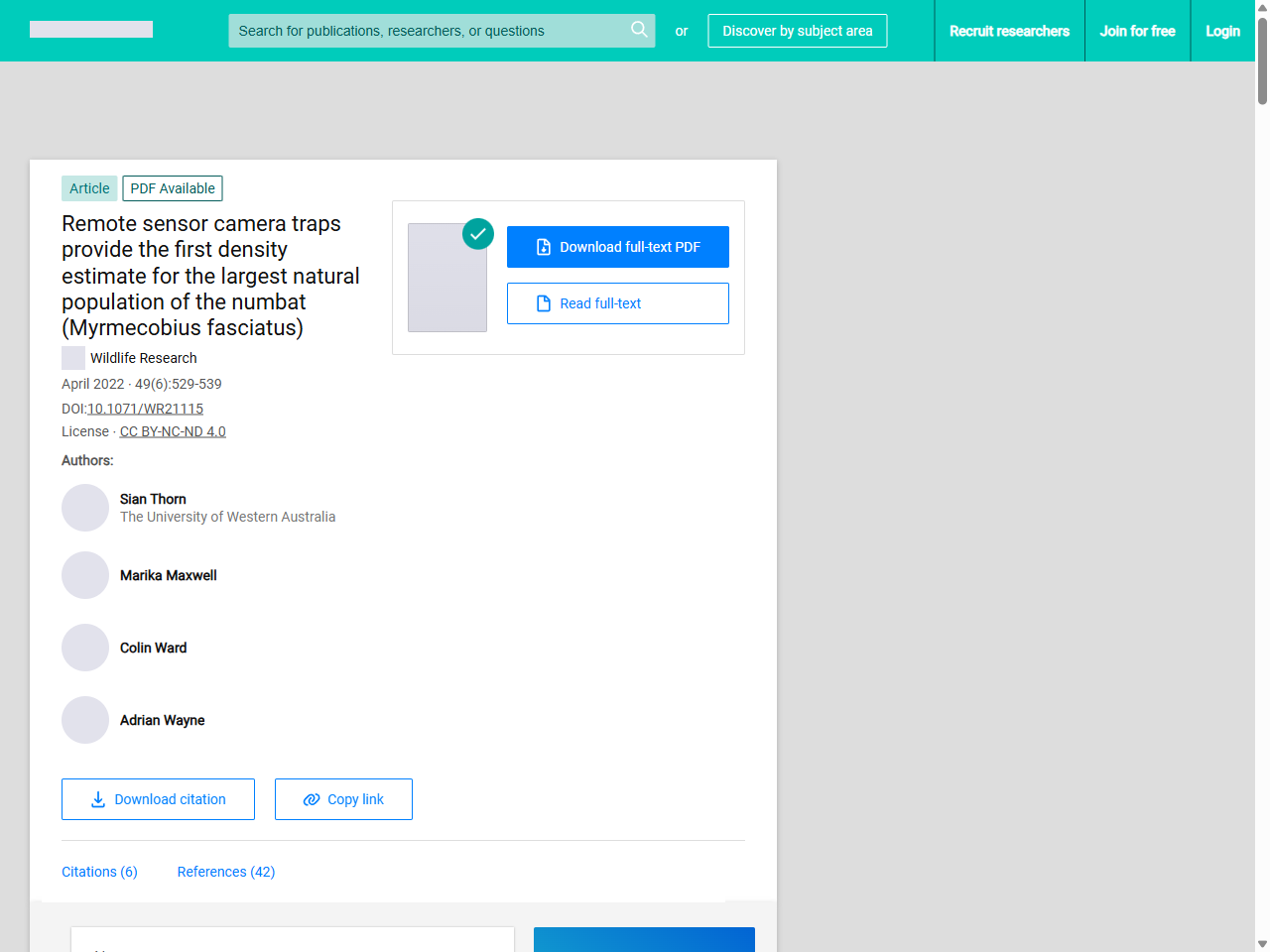 Preview of Remote sensor camera traps provide the first density estimate for the largest natural population of the numbat (Myrmecobius fasciatus) - ResearchGate
