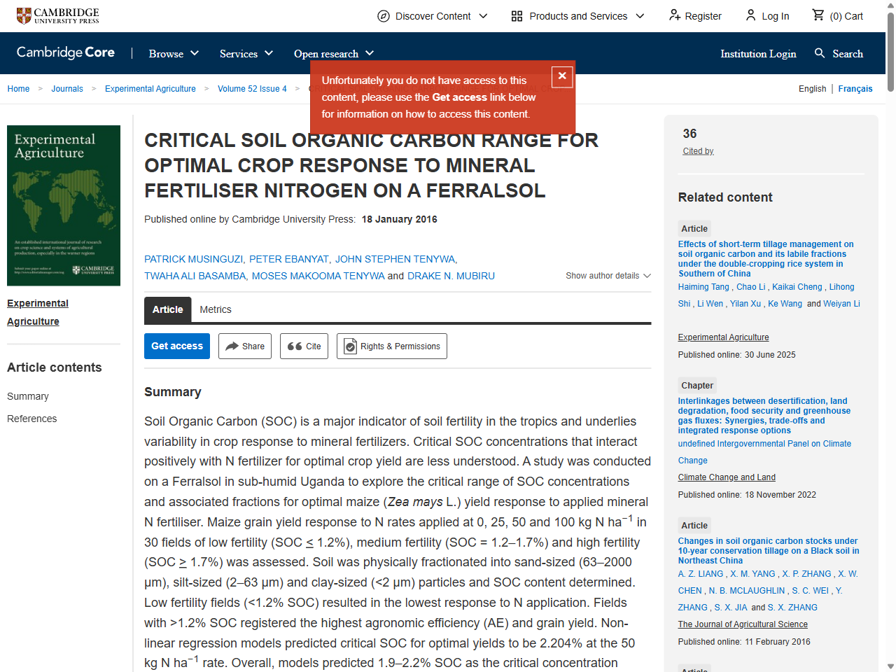Preview of CRITICAL SOIL ORGANIC CARBON RANGE FOR OPTIMAL CROP RESPONSE TO MINERAL FERTILISER NITROGEN ON A FERRALSOL By PATRICK MUSINGUZI - Cambridge University Press, accessed August 3, 2025,
