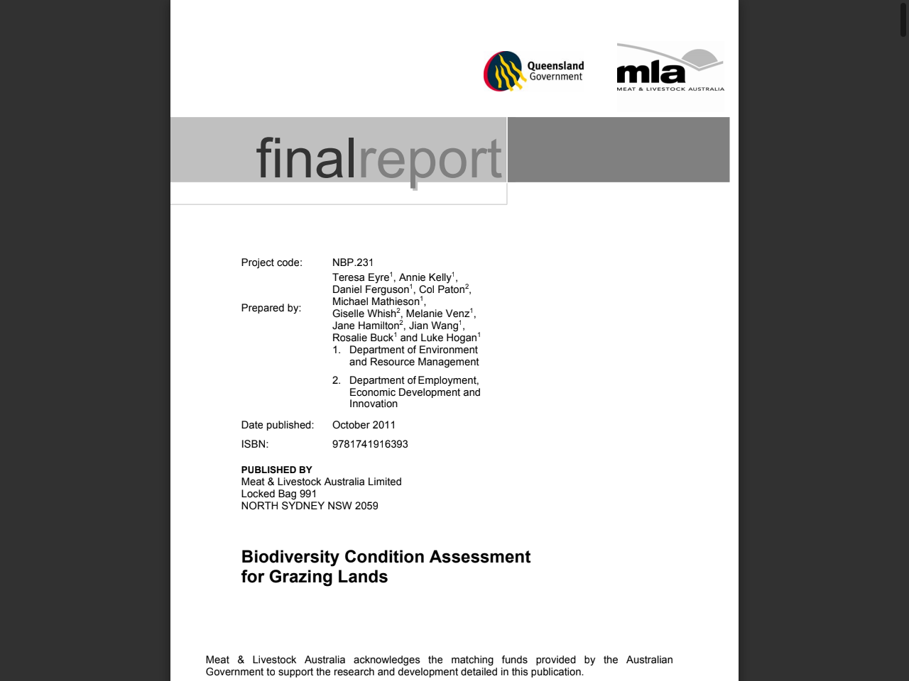 Preview of Eyre, T. J., et al. (2006). BioCondition: A Condition Assessment Framework for Terrestrial Biodiversity in Queensland - Background and Testing. Final Report for Meat & Livestock Australia Project NBP.231. Queensland Government Environmental Protection Agency.