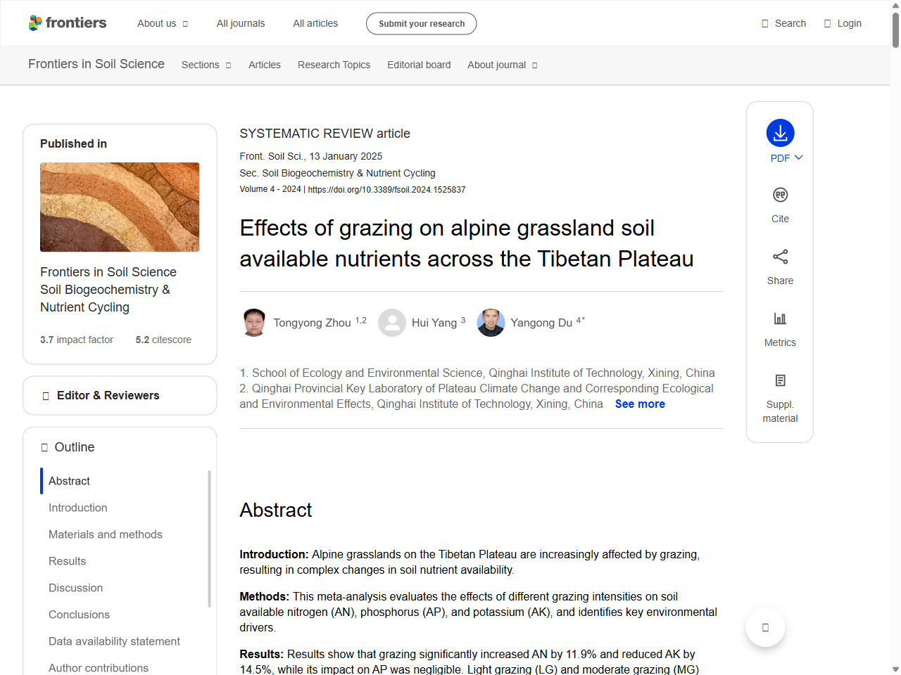 Preview of Effects of grazing on alpine grassland soil available nutrients across the Tibetan Plateau