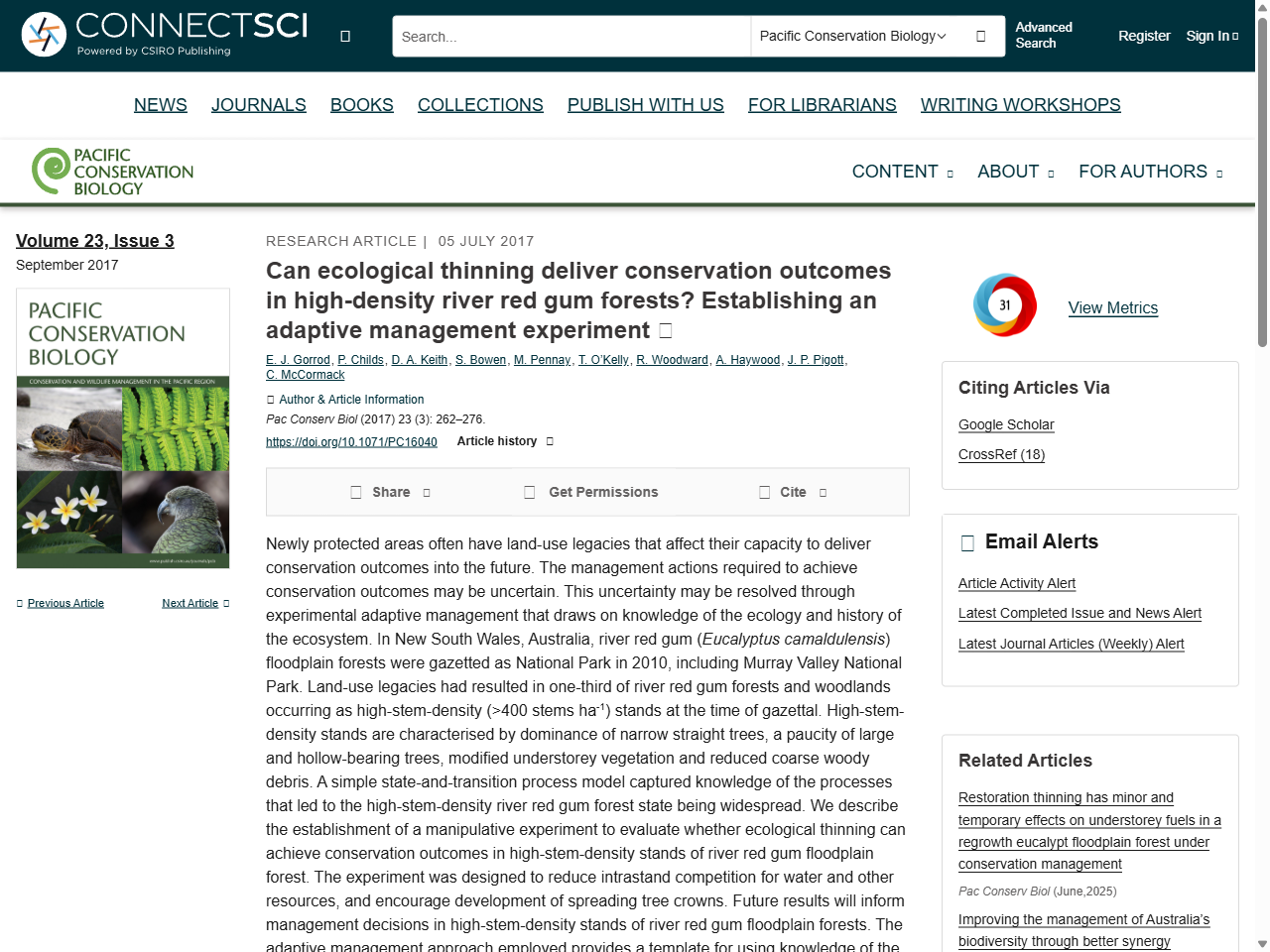 Preview of Can ecological thinning deliver conservation outcomes in high-density river red gum forests? Establishing an adaptive management experiment Gorrod, E. J., et al. 2017.