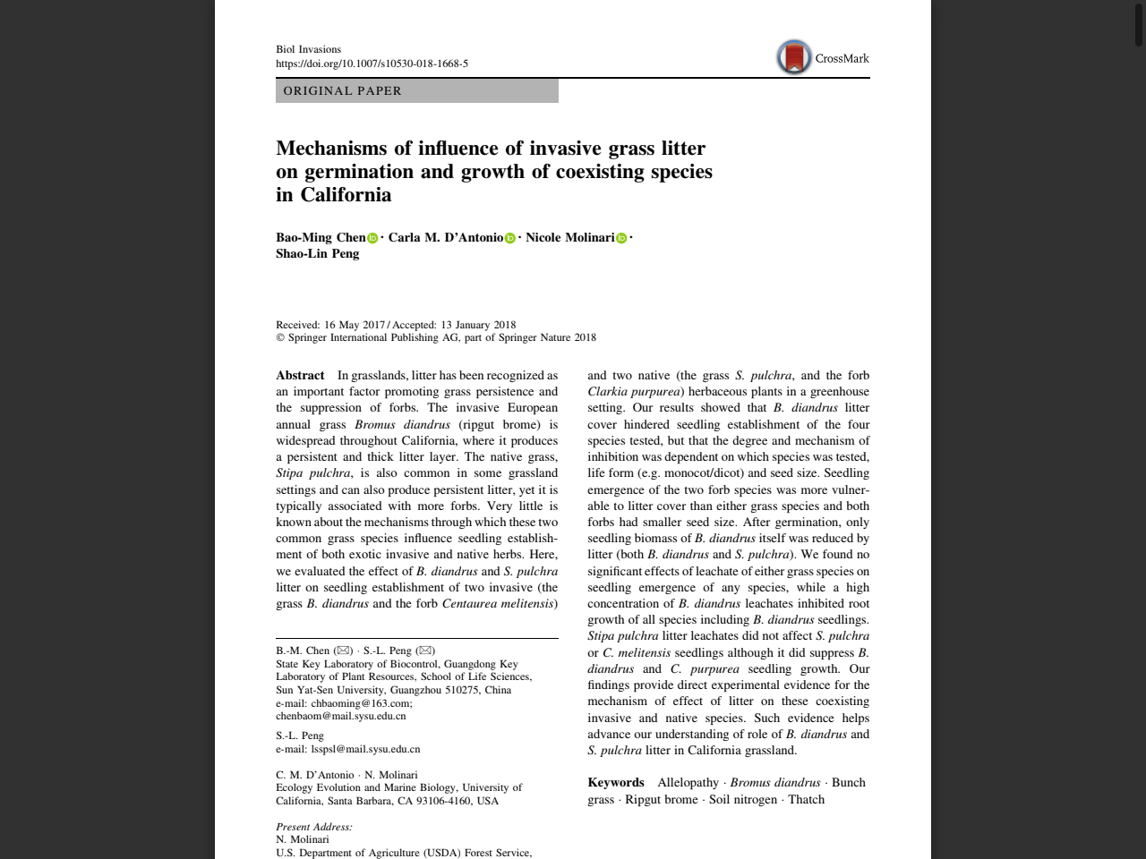 Preview of Mechanisms of influence of invasive grass litter on germination and growth of coexisting species in California - eScholarship.org, accessed July 15, 2025,
