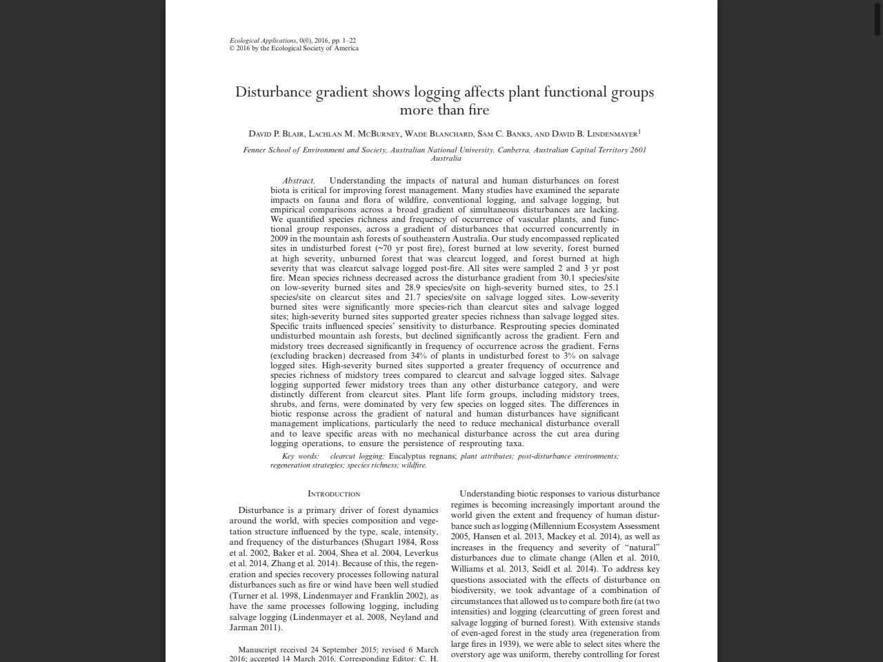 Preview of From unburnt to salvage logged: Quantifying bird responses to different levels of disturbance severity - Threatened Species Recovery Hub, accessed April 6, 2026