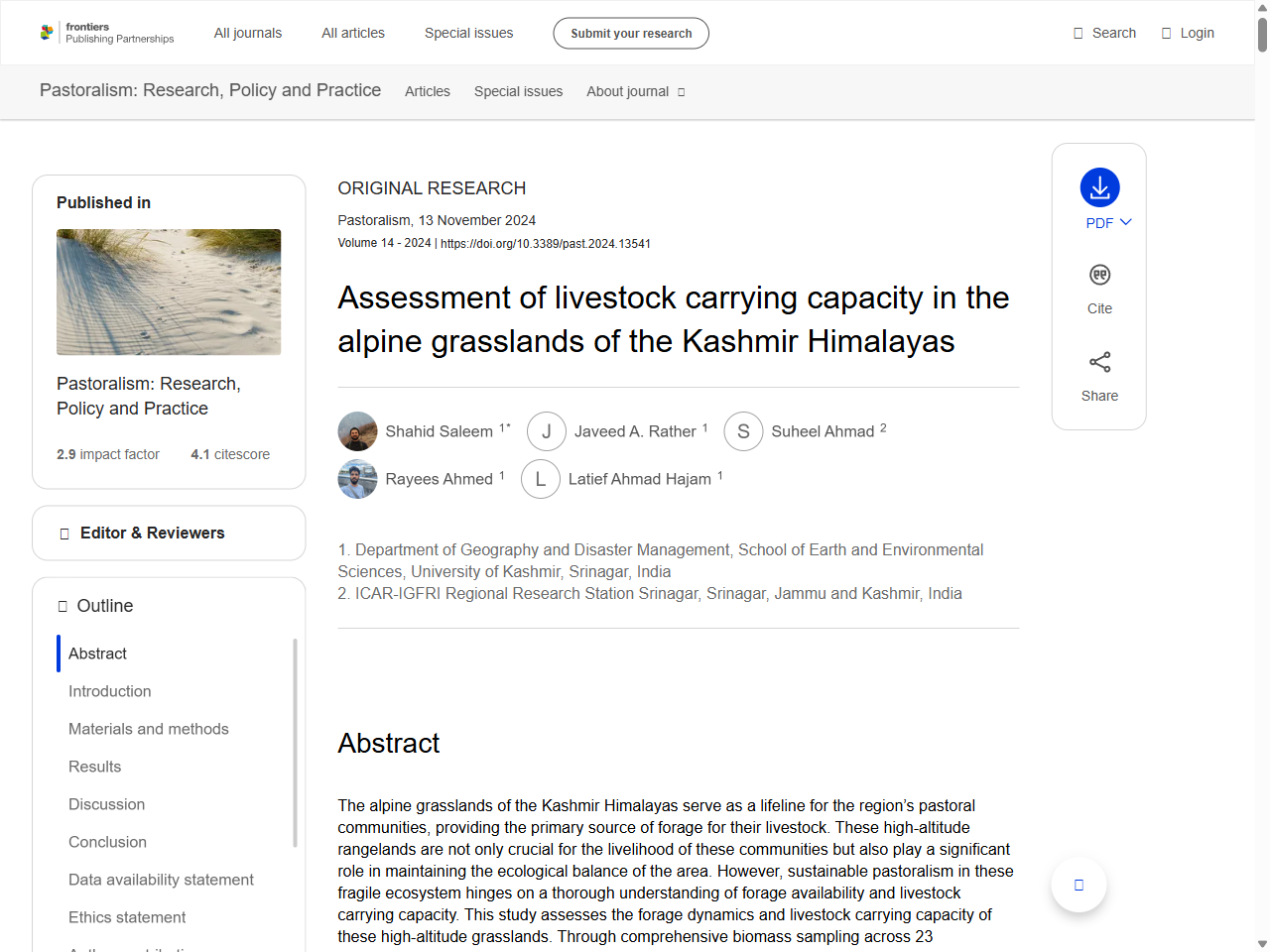 Preview of Assessment of livestock carrying capacity in the alpine grasslands of the Kashmir Himalayas - Frontiers Publishing Partnerships
