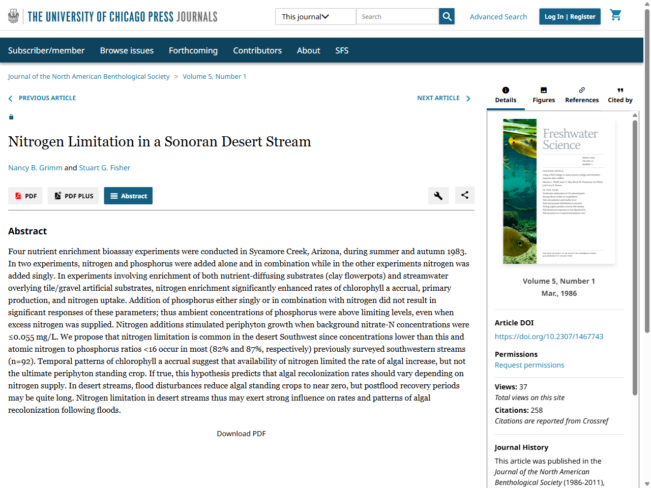 Preview of Nitrogen Limitation in a Sonoran Desert Stream | Journal of the North American Benthological Society: Vol 5, No 1, accessed August 17, 2025,