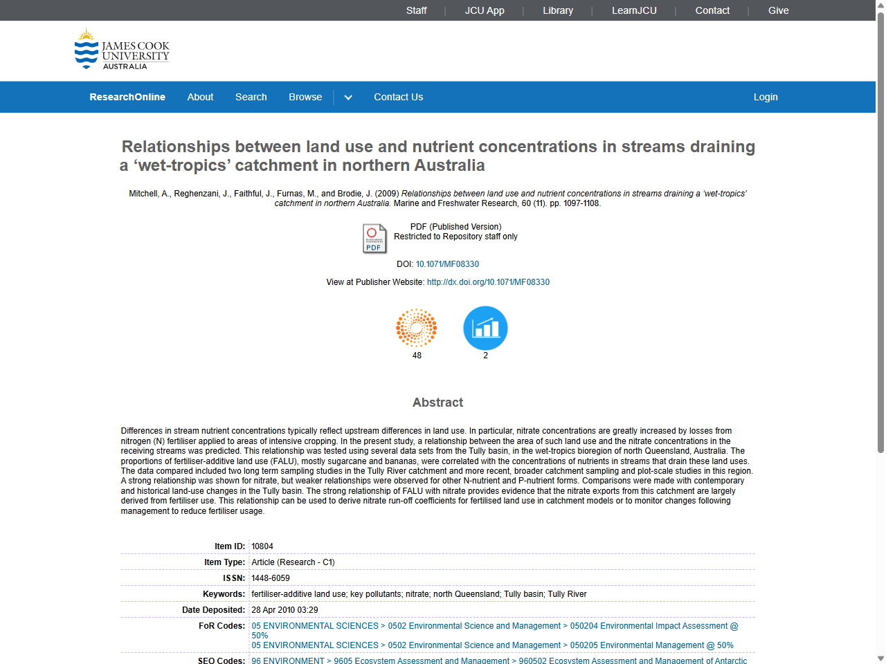 Preview of Relationships between land use and nutrient concentrations in streams draining a 'wet-tropics' catchment in northern Australia - ResearchOnline@JCU, accessed July 20, 2025, 
