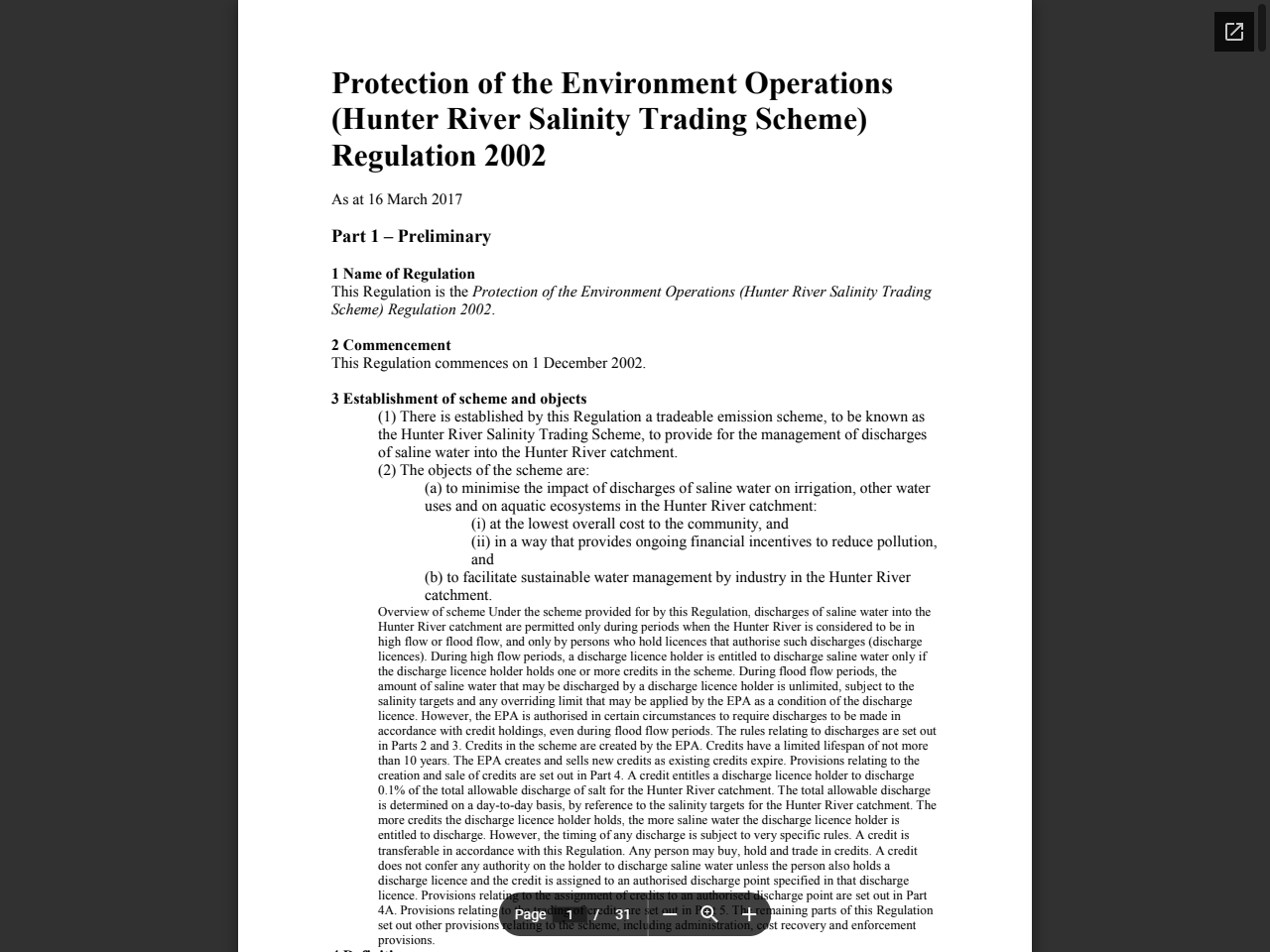 Preview of Protection of the Environment Operations (Hunter River Salinity Trading Scheme) Regulation 2002, accessed August 11, 2025,