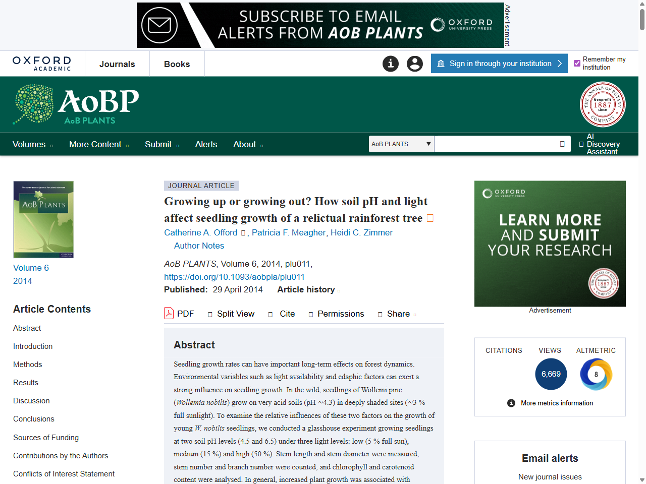 Preview of Offord, C. A., & Meagher, P. F. (2014). Light and soil pH have a combined effect on the growth and morphology of the critically endangered Wollemi pine (Wollemia nobilis). AoB Plants, 6, plu011.