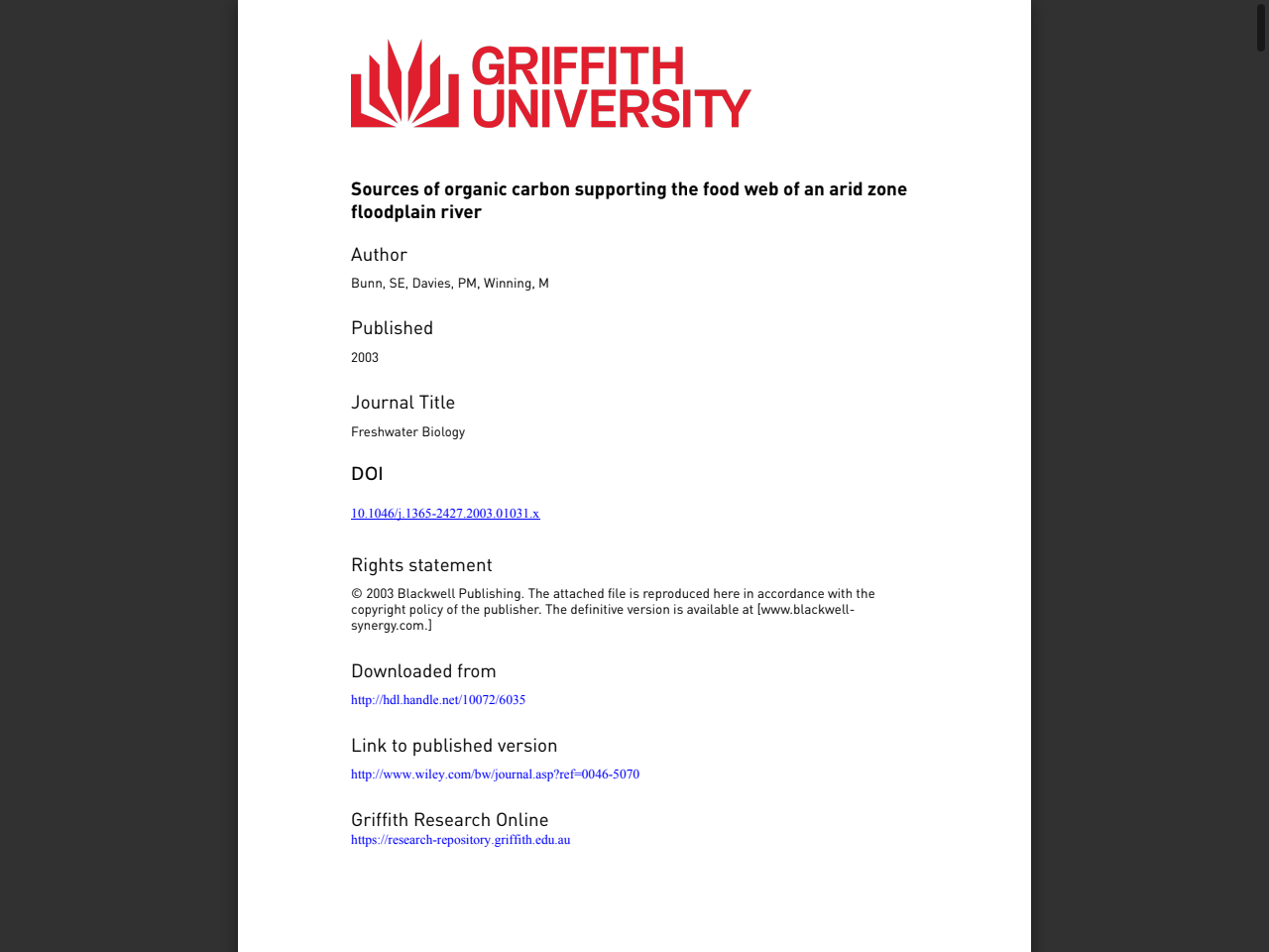 Preview of Sources of organic carbon supporting the food web of an arid zone floodplain river - Griffith Research Online