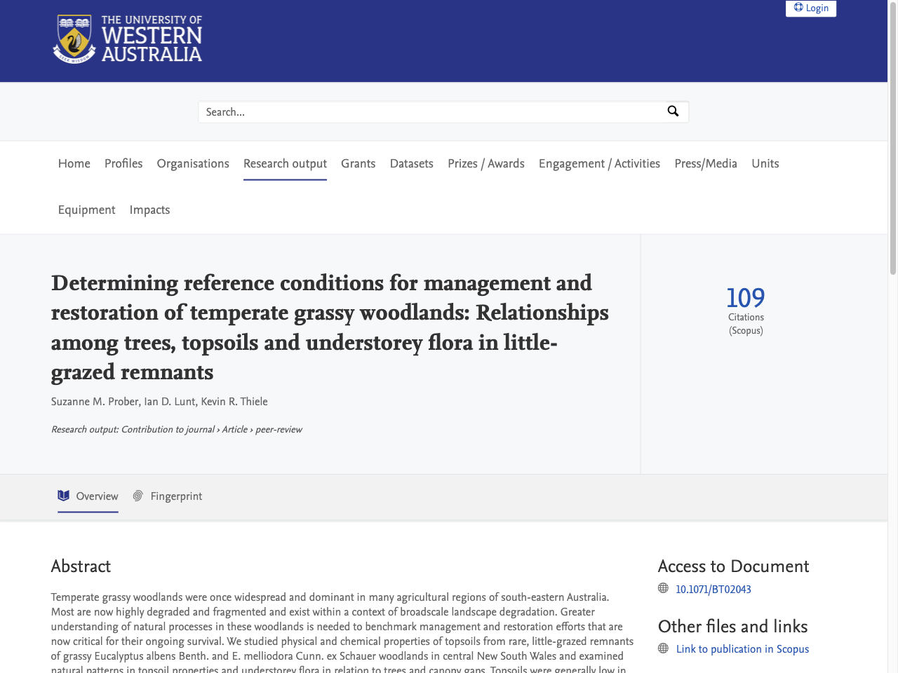 Preview of Determining reference conditions for management and restoration of temperate grassy woodlands: Relationships among trees, topsoils and understorey flora in little-grazed remnants - the UWA Profiles and Research Repository, accessed August 5, 2025, 