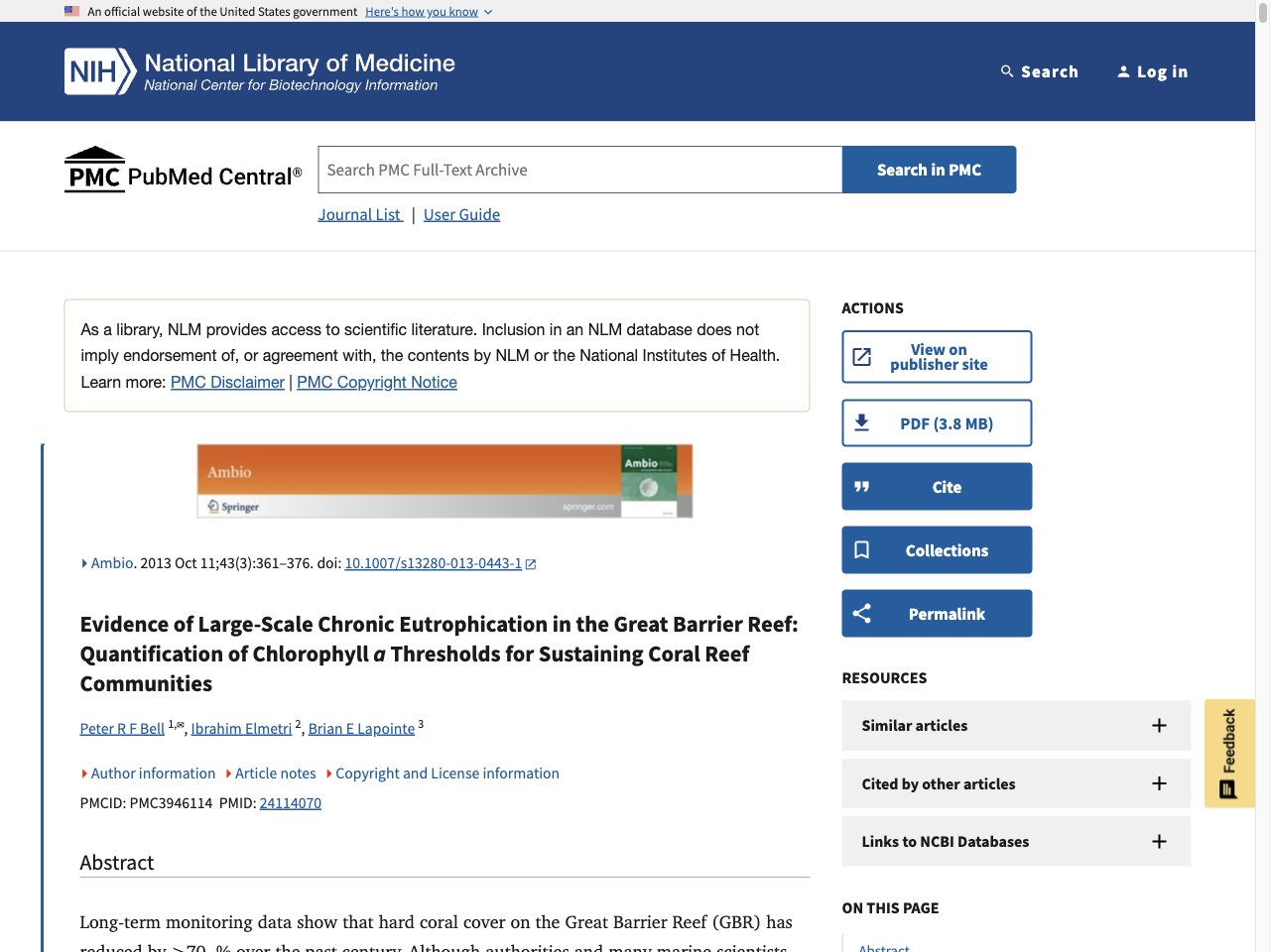 Preview of Evidence of Large-Scale Chronic Eutrophication in the Great Barrier Reef: Quantification of Chlorophyll a Thresholds for Sustaining Coral Reef Communities - PubMed Central, accessed August 1, 2025